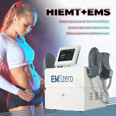 พกพา 4 แฮนด์กับ RF การเผาผลาญไขมัน การสร้างกล้ามเนื้อ Emslim รูปทรงร่างกายขนาดเล็ก EMS เครื่องยกกระโปรงด้วย RF